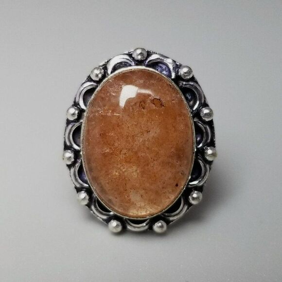 Vintage Orange Pink Oval Stone Ring, Silver Tone Bezel Set, Size 7.5 Band - Picture 6 of 8